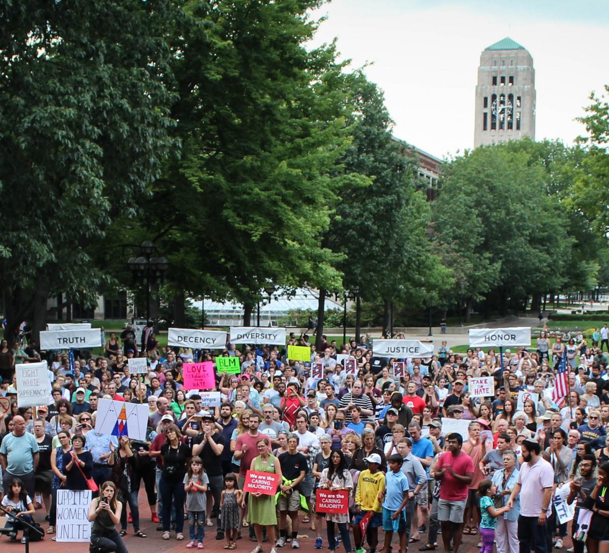 Crowd on Diag holding protest signs