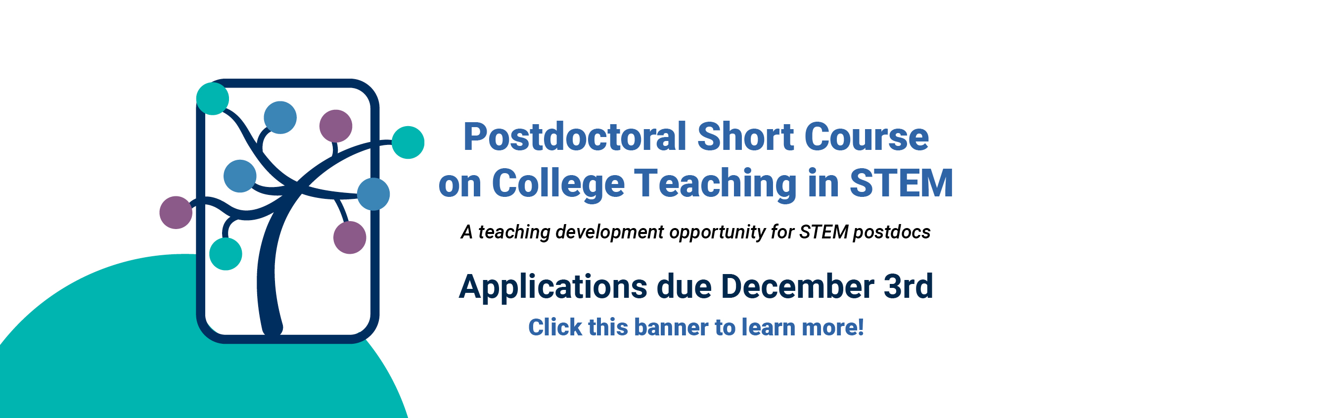 Postdoctoral Short Course on College Teaching in STEM
A teaching development opportunity for STEM postdocs
Applications due December 3rd
Click the banner for more information 